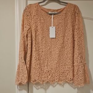 Pink Lace Blouse with Scalloped Hem and Long Sleeves